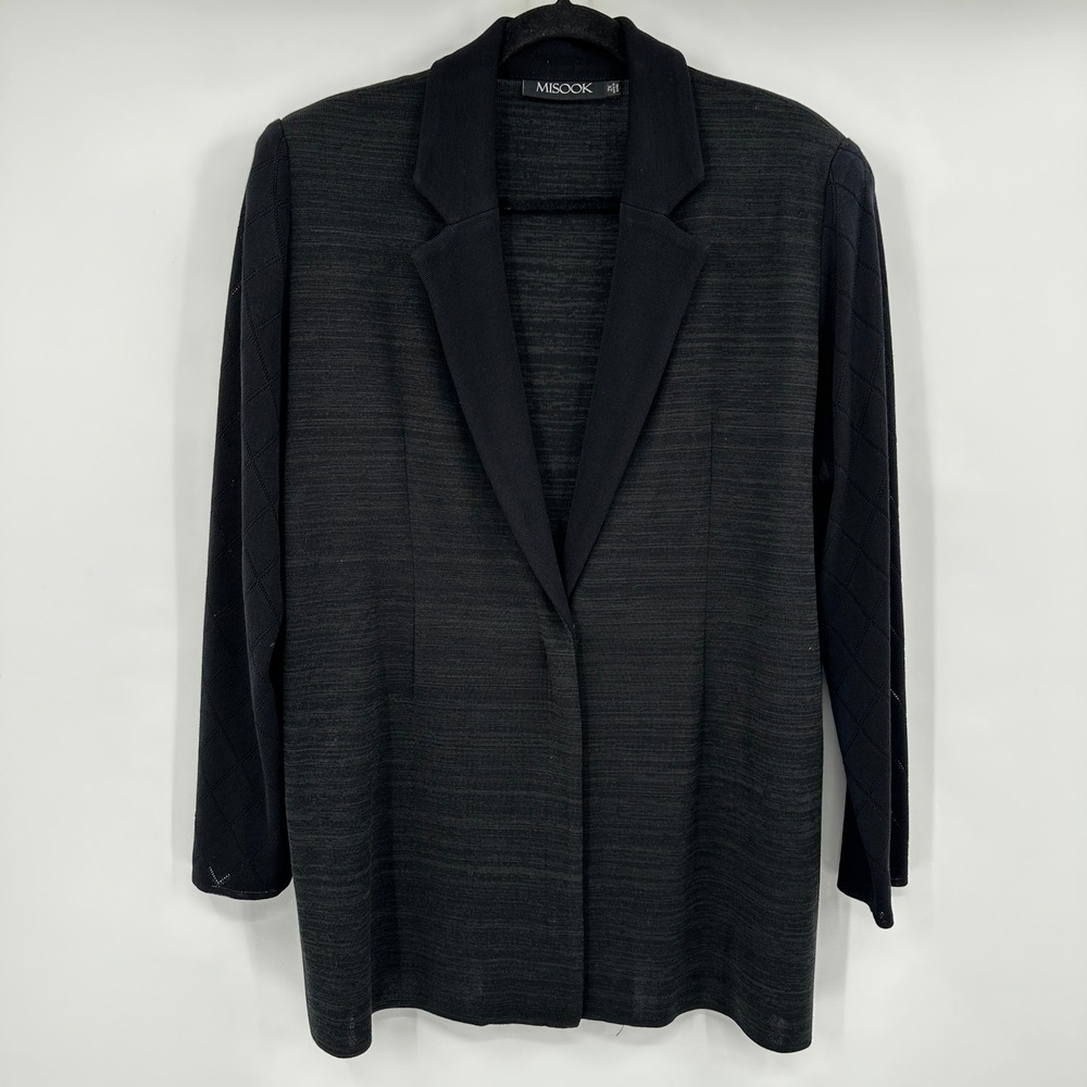 Misook Black Knit Blazer Jacket Full Zip Diamond Textured Mixed Media Womens 2X